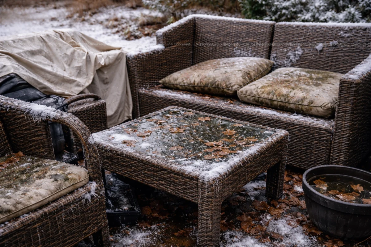 rattan furniture left outside in winter with frost moisture and weather exposure