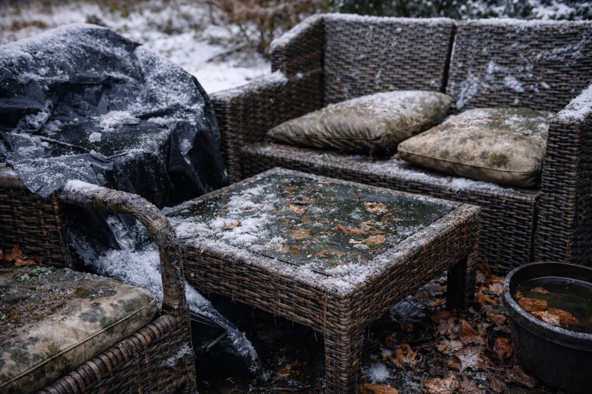 winter damage on rattan furniture with frost moisture and dirt outdoor garden furniture