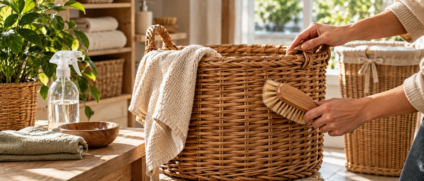 Hands cleaning a wicker basket with a soft brush in a warm laundry room to make wicker and rattan last longer