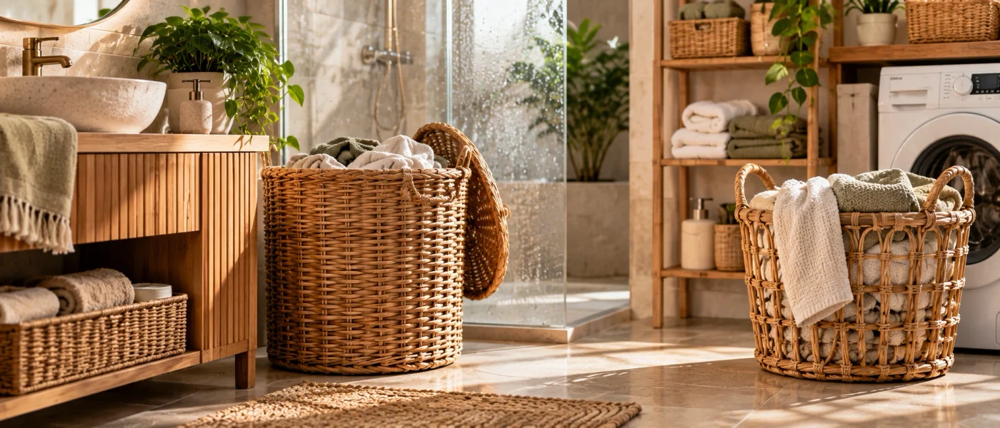 Wicker and rattan baskets in a warm bathroom and laundry room showing moisture-friendly woven storage